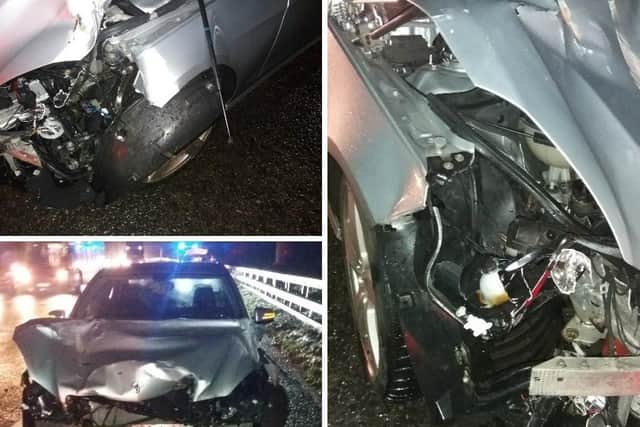 Multiple photos of the badly damaged Mercedes (Images: North West Motorway Police/@NWmwaypolice)