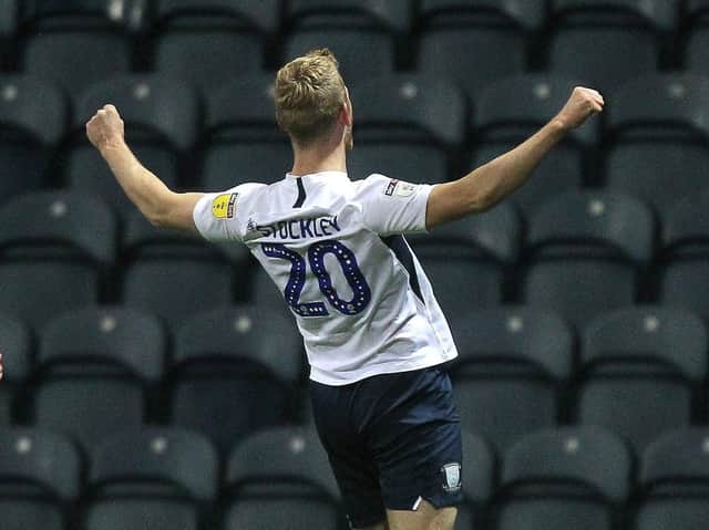 Jayden Stockley celebrates scoring Preston's winner against Luton Town at Deepdale