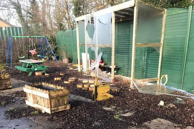 Toys have been broken beyond repair and the rain shelter has been smashed with bricks