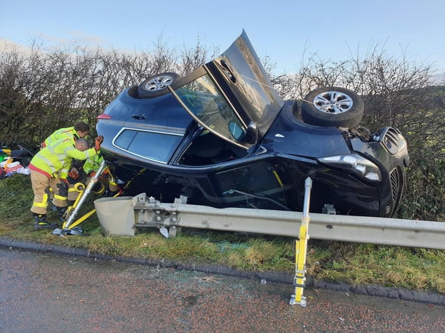 A woman has been taken to hospital after her Kia 4X4 overturned following a collision with a HGV on the M6 near Lancaster at 9.15am (December 19). Pic: Lancashire Police