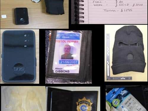 Police recovered a kidnap kit consisting of knives, tear gas, a balaclava, duct tape, cable ties, a UN security badge, a sword disguised as walking stick and a demolition bar. (Credit: Lancashire Police)
