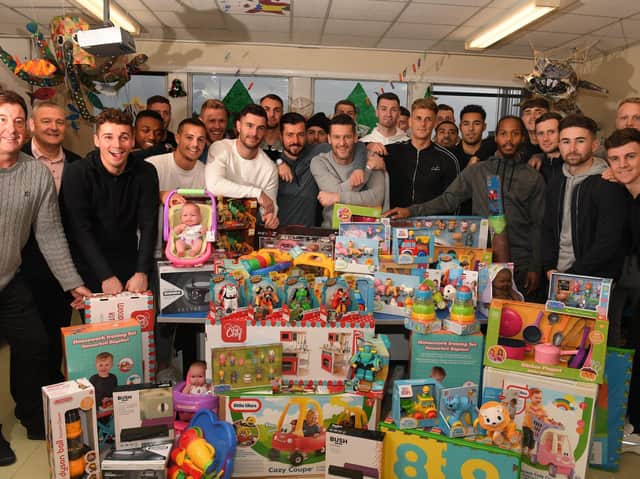 Preston North End's squad in their Christmas visit to the Royal Preston Hospital
