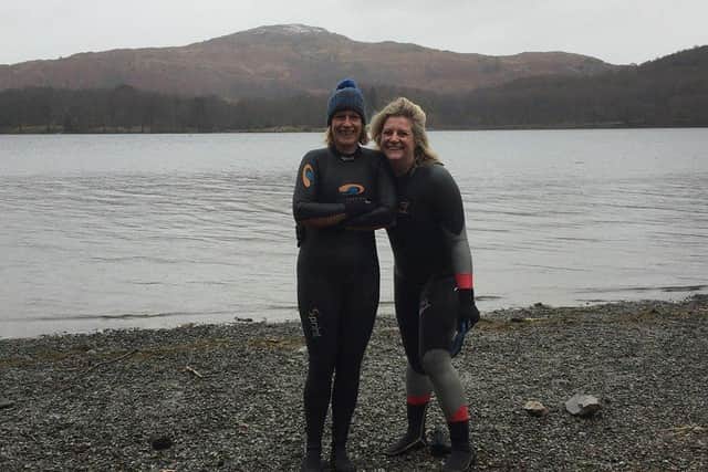 Judith Anders on the right with a friend before a chilly swim