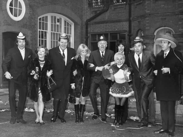 Television favourites Ted Roger, Millicent Martin, Tommy Cooper, Danish actress Yutte Stensgaard, Hughie Green, Barbara Windsor, Terry Sylvester, Frankie Howerd and Eric Sykes promoting ITV's Christmas programming in 1969