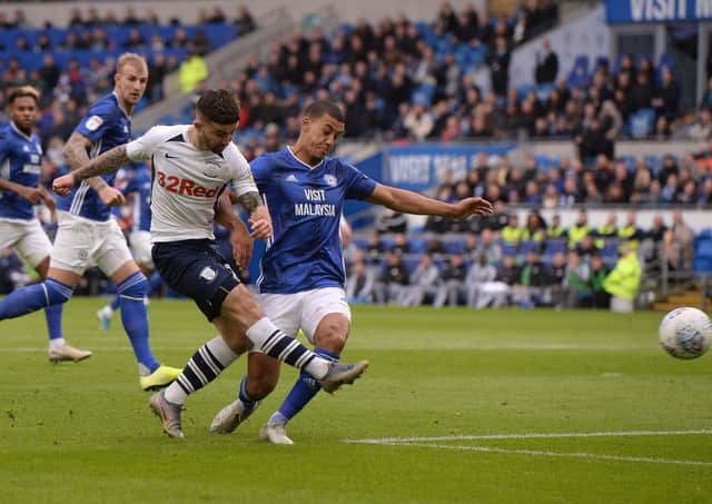 Sean Maguire goes for goal at Cardiff