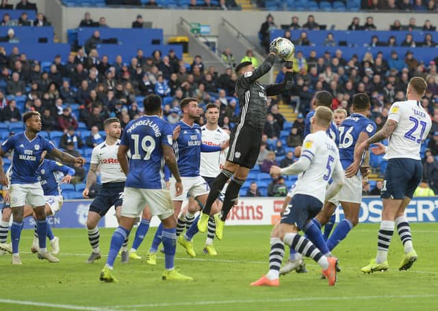 Cardiff City's Neil Etheridge collects from a PNE corner