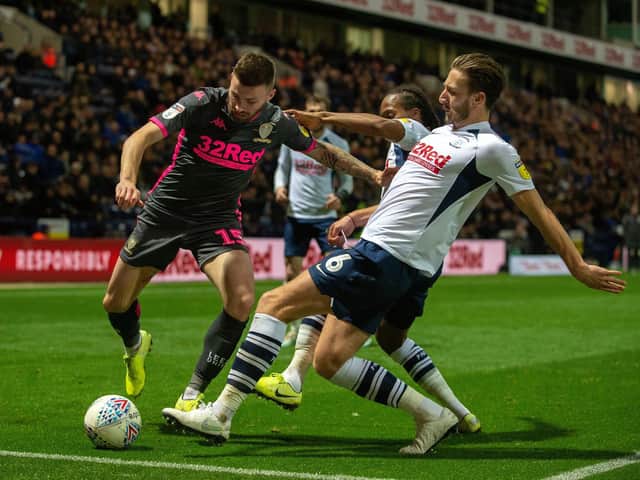 Preston defender Ben Davies challenges Leeds United's Stuart Dallas at Deepdale in October