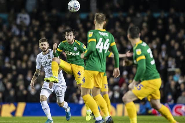 PNE midfielder Ben Pearson in the thick of the action against Leeds