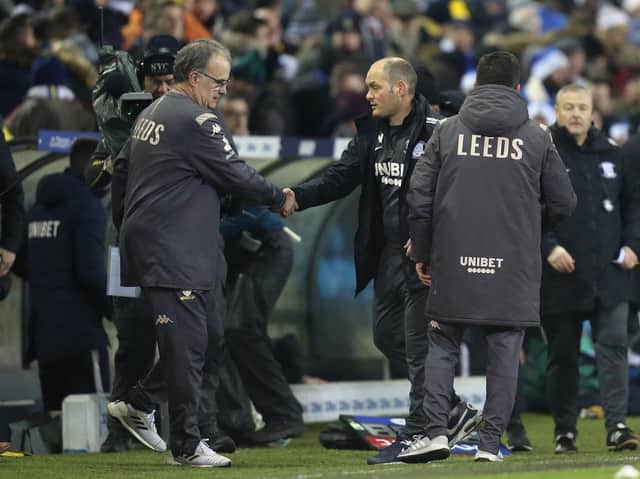 Leeds United boss shakes hands with his Preston North End counterpart Alex Neil before the 1-1 draw at Elland Road.