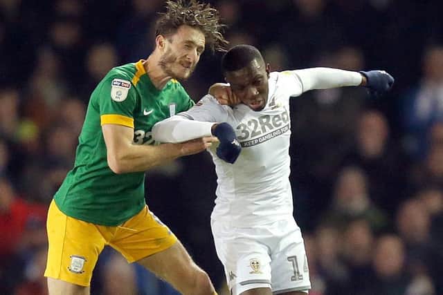 Preston centre-half Ben Davies challenges Leeds striker Eddie Nketiah at Elland Road
