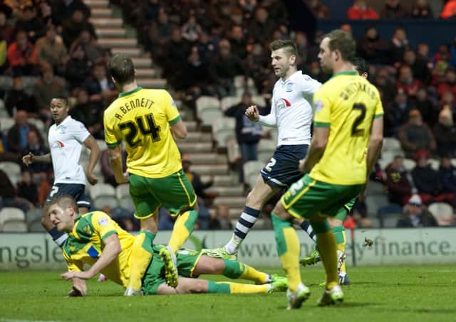 Paul Gallagher fires Preston in front against Norwich at Deepdale in the FA Cup in January 2015