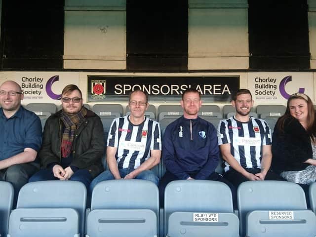 Members of Blokes United with Darren Jenkinson, Chorley FC Community Foundation, Ben Stout, of Stand Out Stories and Kristin Cott, of Magma Digital