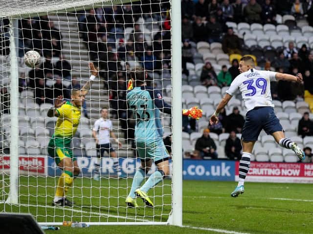 Billy Bodin heads home Preston's consolation goal against Norwich at Deepdale