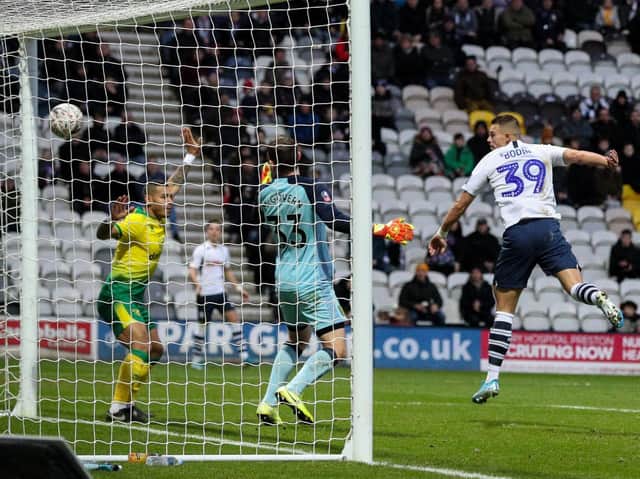 Billy Bodin heads home Preston's consolation goal against Norwich at Deepdale