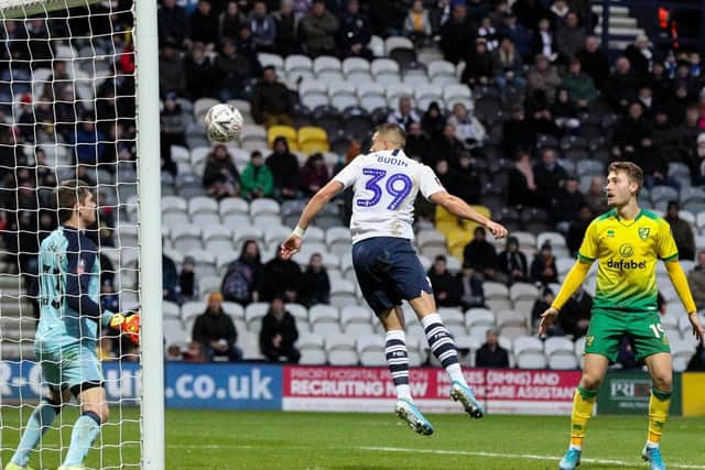 Billy Bodin heads Preston's first goal in the FA Cup defeat to Norwich at Deepdale