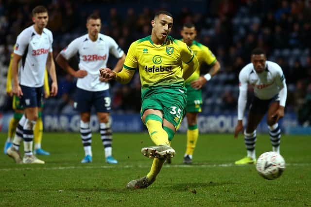 Adam Idah scores from the penalty spot to complete his hat-trick for Norwich against Preston