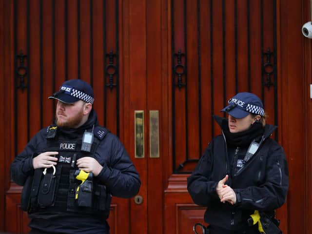 Police officers stand guard outside the Iranian Embassy in Knightsbridge, London, after the US killed General Qassem Soleimani in a drone strike at Baghdad's international airport. Soleimani was head of Tehran's elite Quds Force and Iran's top general (Picture: Aaron Chown/PA Wire)