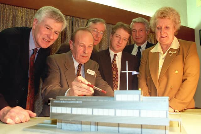 The late architect Eric Forster with a model of the proposed new clubhouse for Blackpool and Fleetwood Yacht Club, which he took to the existing club HQ for local councillors to see in 1998. From L-R: Coun Jim Lawrenson, Mr Forster, Coun Bernard Ryder, Coun Richard Anyon, club commodore Ken Hollands, and Coun Jean Black (Picture: Rob Lock for JPIMedia)