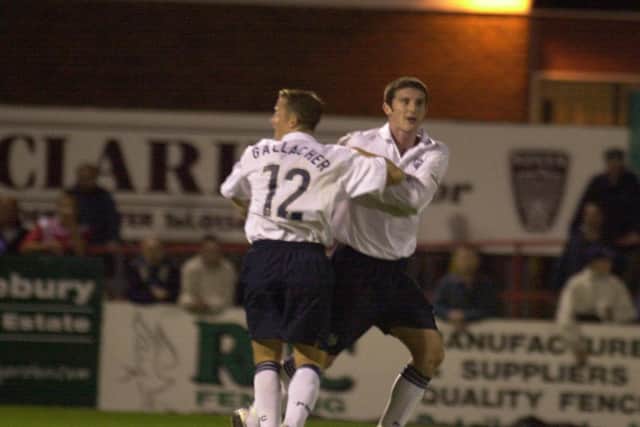 Kevin Gallacher celebrates with Jonathan Macken after equalising for Preston at Kidderminster
