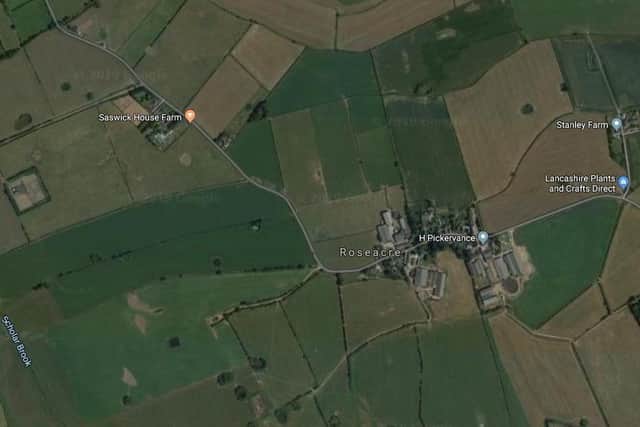 A Google Maps view of the Roseacre area showing Cuadrilla's Elswick gas production site as the square on the mid-left and Roseacre Wood, where a proposed shale fracking well was planned, on the far right