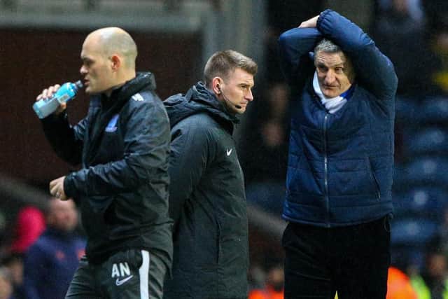Preston manager Alex Neil and his Blackburn counterpart Tony Mowbray on the touchline at Ewood Park