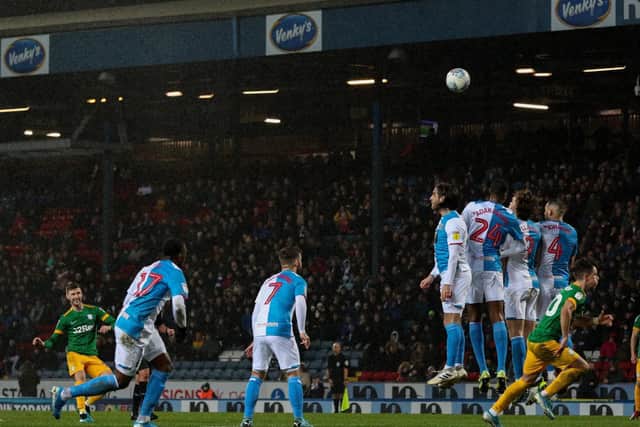 Paul Gallagher puts a free-kick over the Blackburn wall in the second half