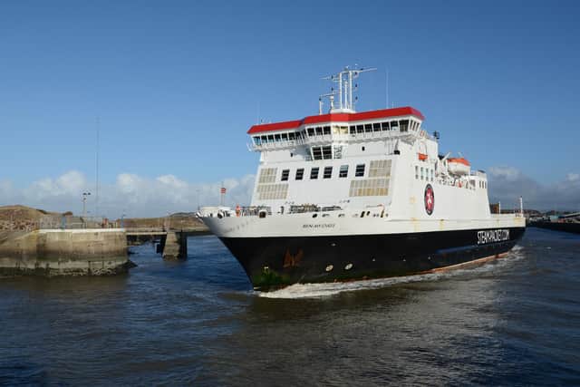 the ferry MS "Ben-my-Chree" leaving Heysham harbour for the 31⁄2 hour sail to Douglas on the Isle of Man.  She is flagship of the Isle of Man Steam Packet Company. Taken by Graham Wilkinson, of Chipping