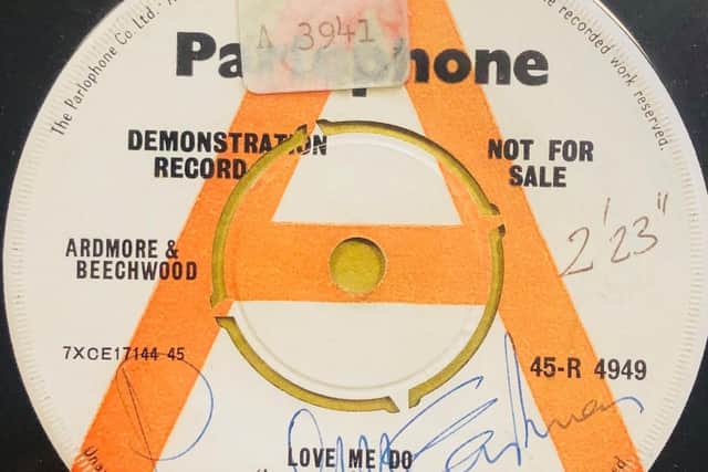The first Beatles record to be played on the radio which is being sold by the auction house on January 28 - complete with the misspelling of Sir Paul McCartney's name.