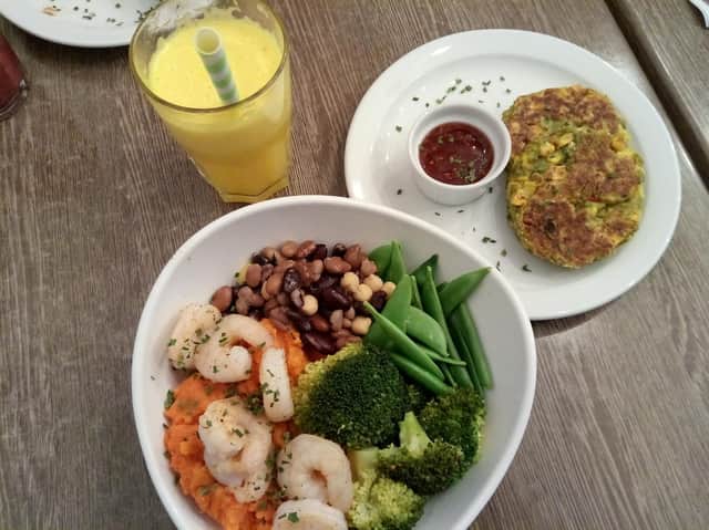 Buddha Bowl with prawns, sweet potato mash, broccoli, mixed beans and sugar snap peas