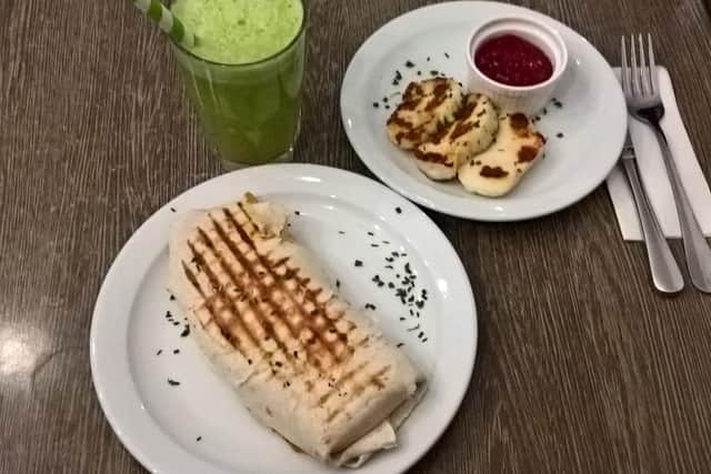 Chicken tikka wrap, a Green One and a side of halloumi with chilli dipping jam