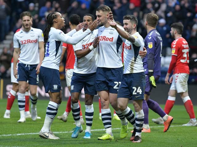 Patrick Bauer is congratulated after scoring Preston's winner against his former club Charlton at Deepdale