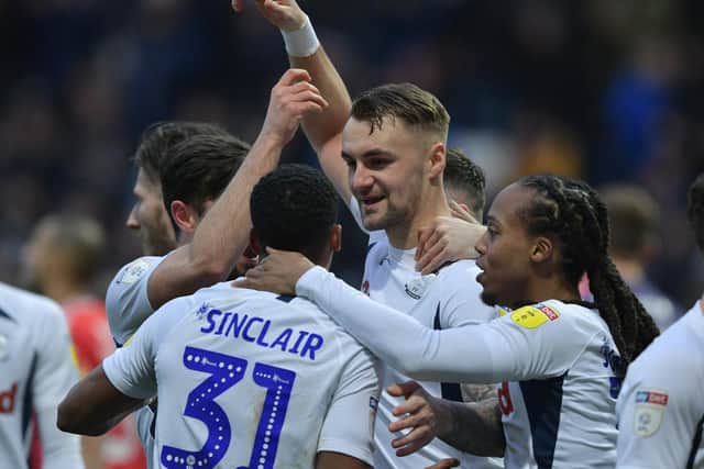 Patrick Bauer is congratulated by team-mates after scoring for Preston against his former club Charlton