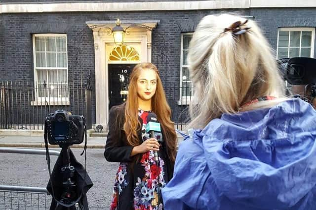 Nazia Mogra, of Preston, outside 10 Downing Street, for Newsround