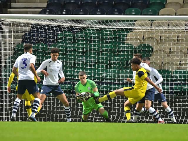 Preston keeper Jimmy Corcoran makes a save in the FA Youth Cup win against Oxford United at Deepdale  (Pic courtesy of PNE)
