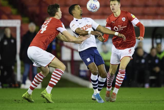 Preston's Scott Sinclair chests the ball down against Barnsley