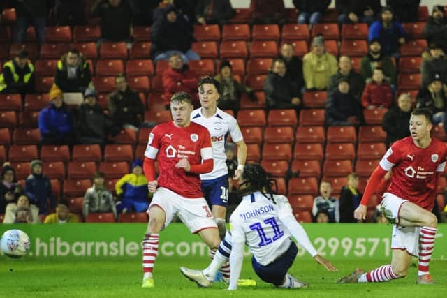 Daniel Johnson scores Preston's second goal at Barnsley