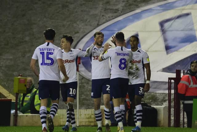 Preston celebrate their third goal against Barnsley