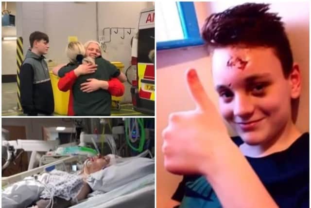 Top left, Daniels mum, Tara, meets the ambulance crew; bottom left, Daniel in hospital after the accident.