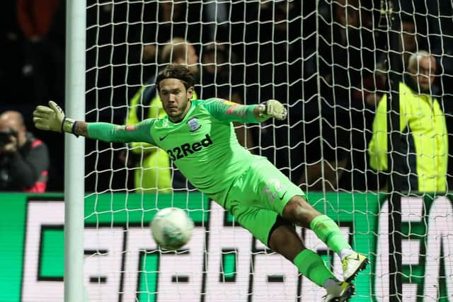 Chris Maxwell faces a spot kick for Preston in a penalty shoot-out against Middlesbrough