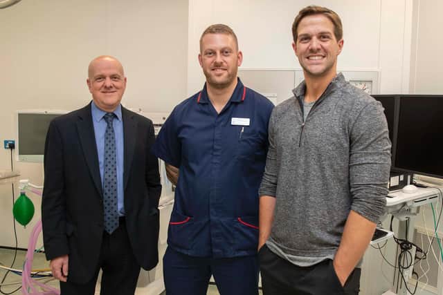 Dancing on Ice professional dancer Tom Naylor gets the support from Mike Sarson (Director of Clinical Services, Middle) and Toms father Ged Naylor (left) who is a Consultant Ophthalmologist at Spire, as he pays a visit to the Spire Fylde Coast Hospital in Blackpool. Picture: Spire Fylde Coast Hospital/Jason Roberts