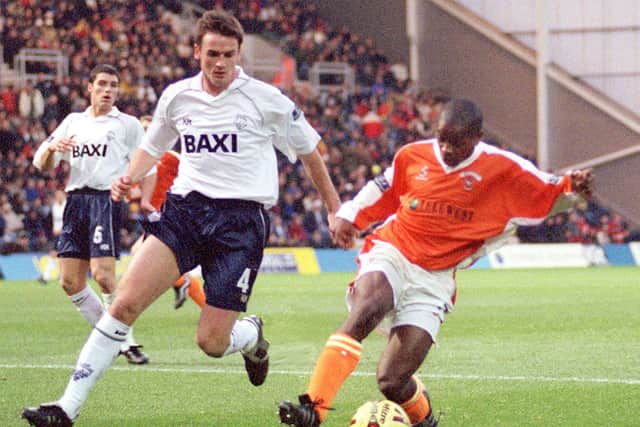 Cory Bent's dad, Junior, in action for Blackpool against Preston's Ryan Kidd in 2000