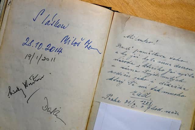 The autograph book left to Lady Milena by her grandfather and inscribed with the message 'Be mindful and remember to remain loyal to your country which you are leaving, to your dear parents, and to your grandfather, who loves you very much.'