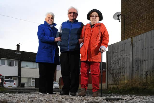 Freda (right) with her Lodge Close neighbours Maureen and Gerry Collins.