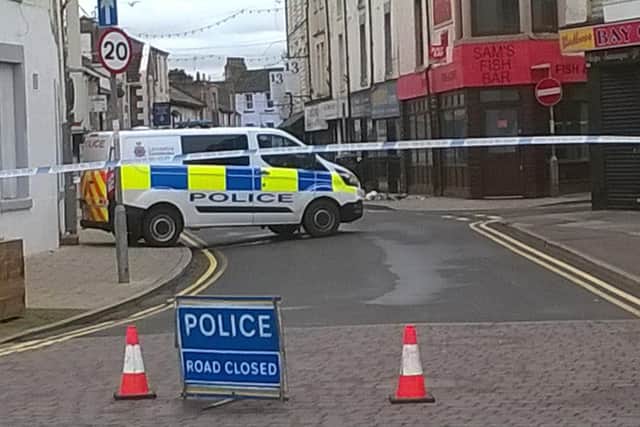 Police at the scene of the knife fight in Queen Street, Morecambe on Thursday morning (January 30). Pic: Dazonefourone Andrews