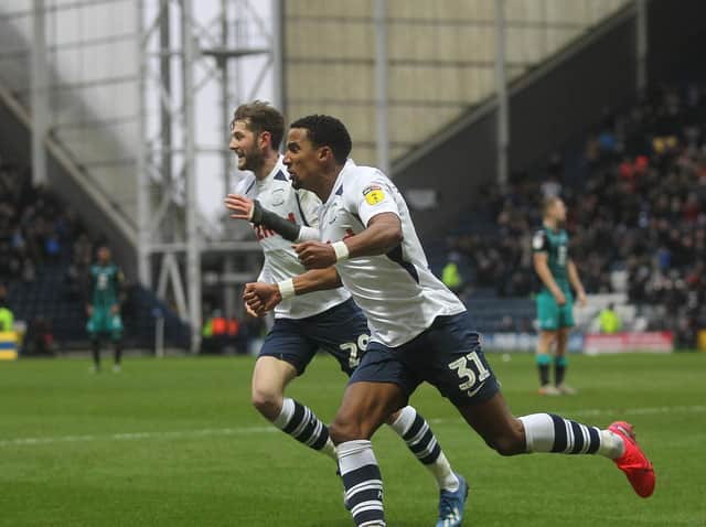 Scott Sinclair celebrates scoring for Preston against Swansea at Deepdale