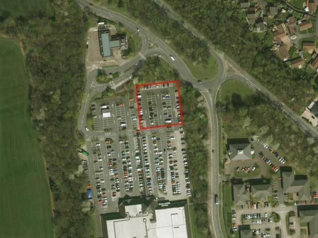 An aerial view of the proposed site on the Tesco car park