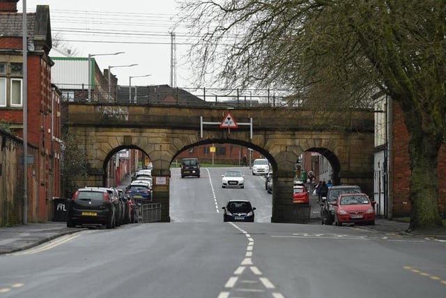 Bridge carrying Lancaster and Preston Railway over Fylde Road, with viaduct continued to bridge over course of former Lancaster Canal approx. 70 metres north. 1840, by Joseph Lock