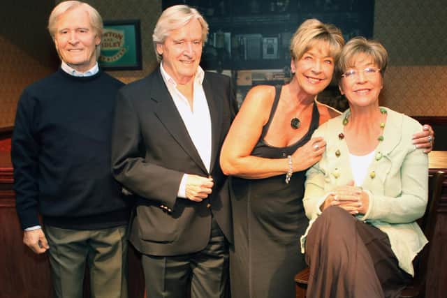 Coronation Street actors Bill Roache and Anne Kilbride come face to face with wax work models of their street characters Deirdre and Ken Barlow on July 25, 2011 in Blackpool (Christopher Furlong/Getty Images)