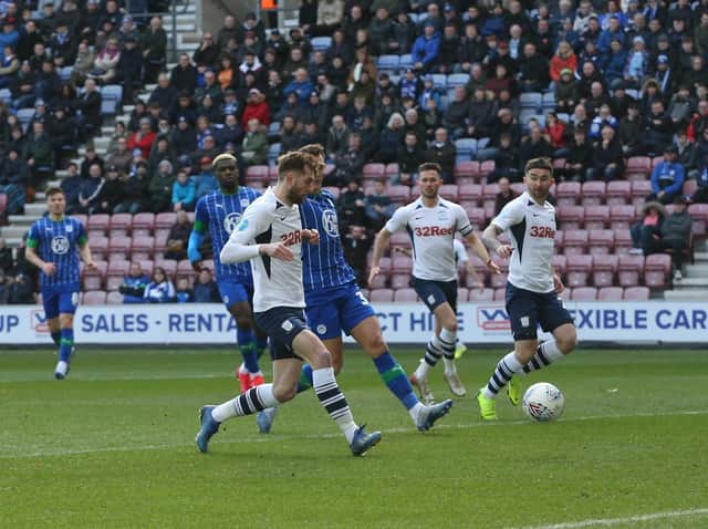 Tom Barkhuizen gives Preston the lead against Wigan at the DW Stadium