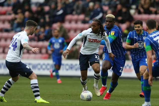 Daniel Johnson in action for Preston against Wigan at the DW Stadium